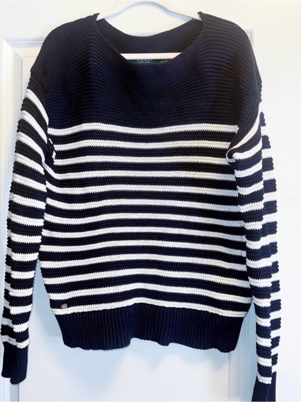 Lauren-Ralph Lauren 100% Cotton Coastal Nautical Stripe Boatneck Sweater Sz L